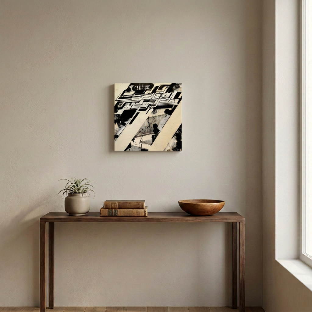 Simulation IA de la toile IPNSONE dans un intérieur, au-dessus d’une console. Échelle indicative.