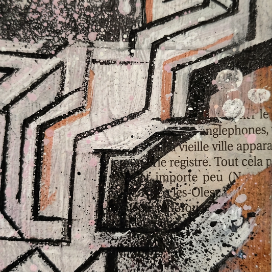 Gros plan généré des fragments de texte et des lignes peintes de l’œuvre IPNSONE. Les lettres peuvent différer de l’original.