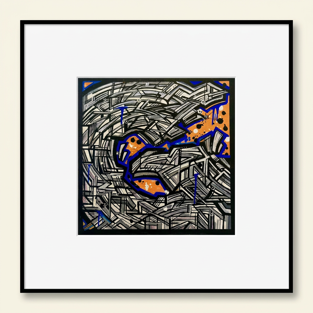 Montage de la peinture bleu et orange centrée dans un cadre noir avec un large passe-partout blanc.