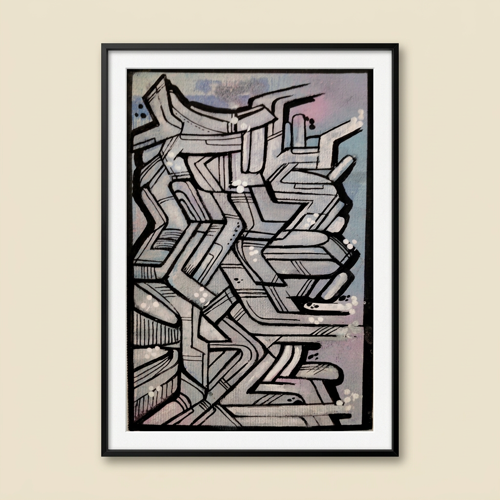 Simulation de présentation de la peinture graphique gris pastel IPNSONE dans un cadre noir.