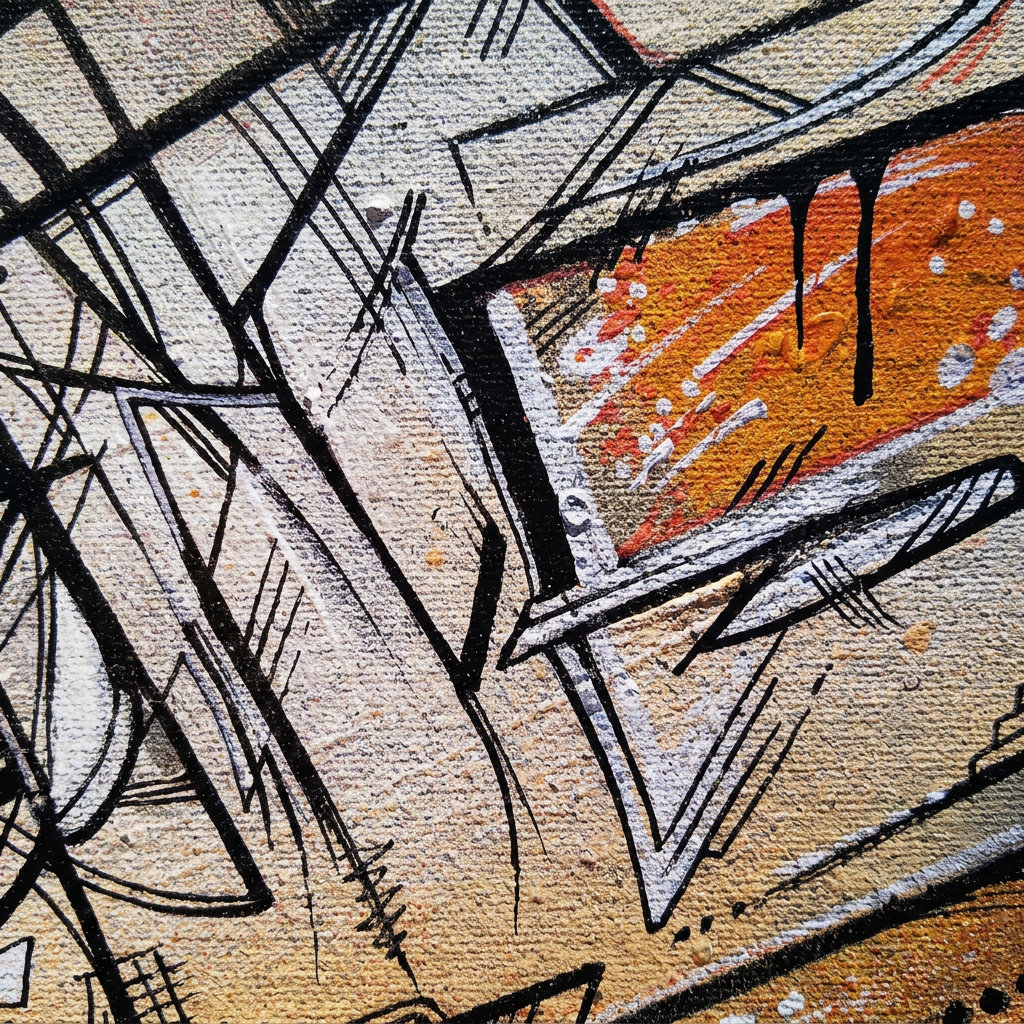 Vue de détail de l’œuvre Sans titre d’IPNSONE : lignes noires et touches orange sur fond beige texturé.