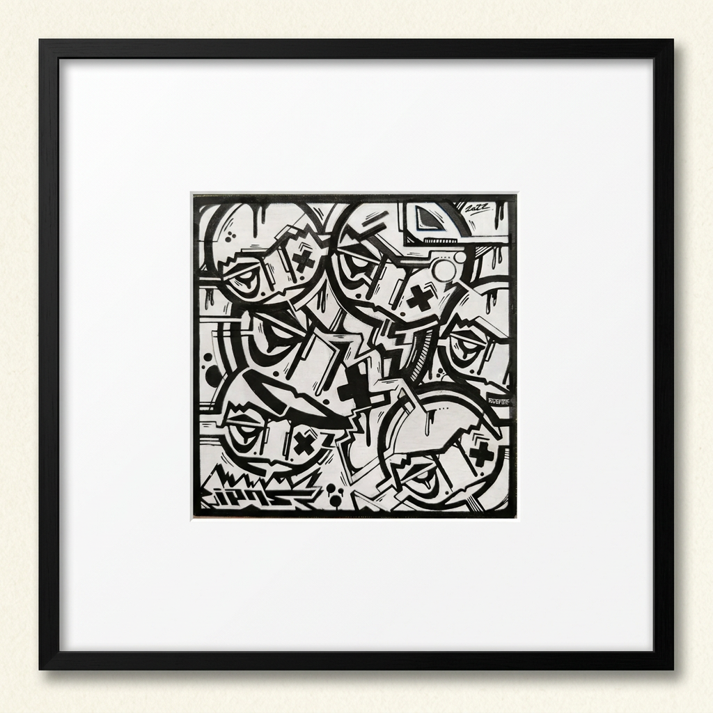 Simulation de la composition noir et blanc IPNSONE centrée dans un cadre noir avec un large passe-partout blanc, sur fond crème.