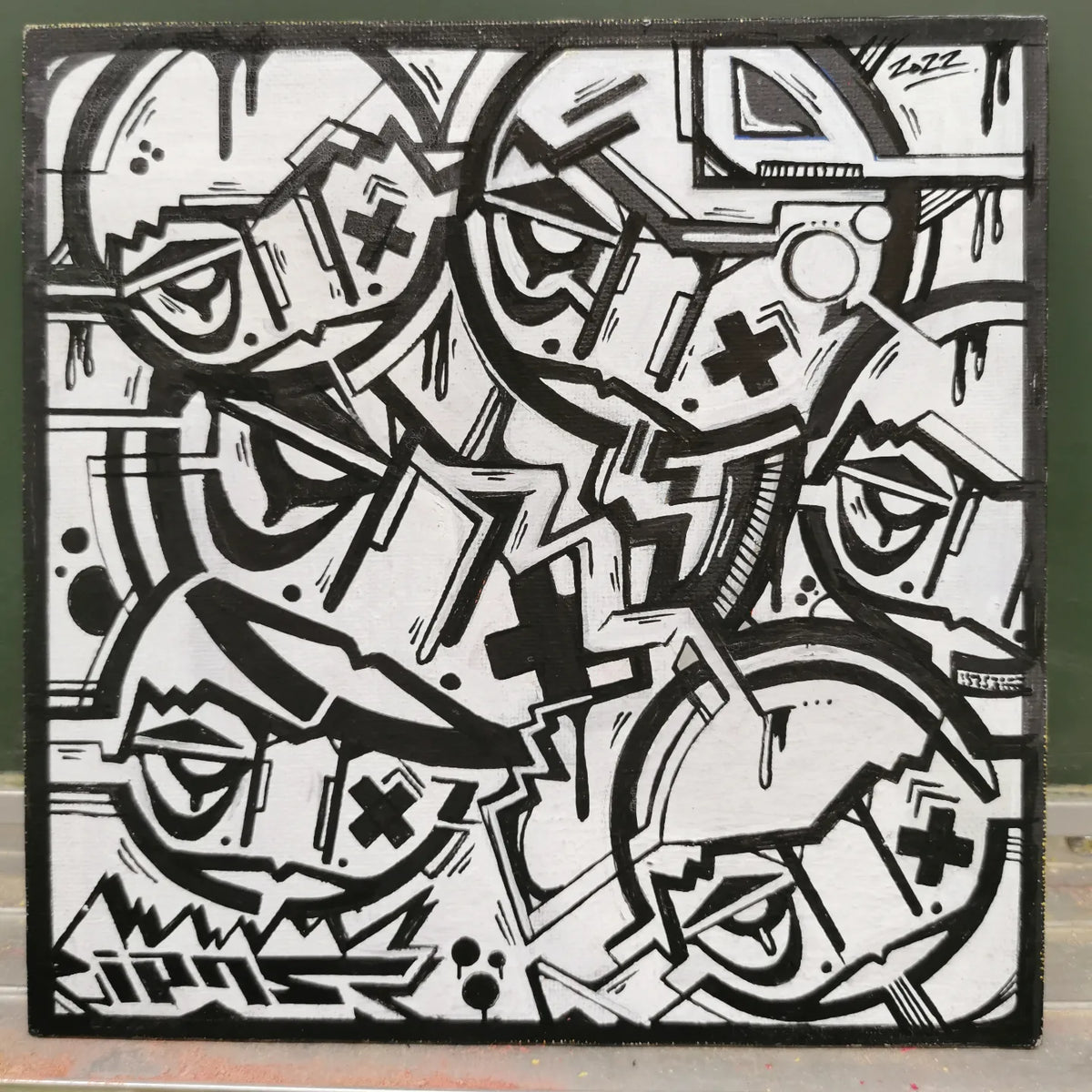 Composition carrée IPNSONE en noir et blanc, figures stylisées aux yeux et croix, courbes et lignes géométriques.