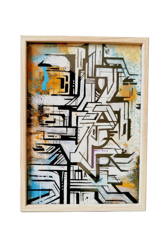 Composition graffiti verticale, lignes noires et blanches, touches turquoise, orange et violet, dans un cadre clair.