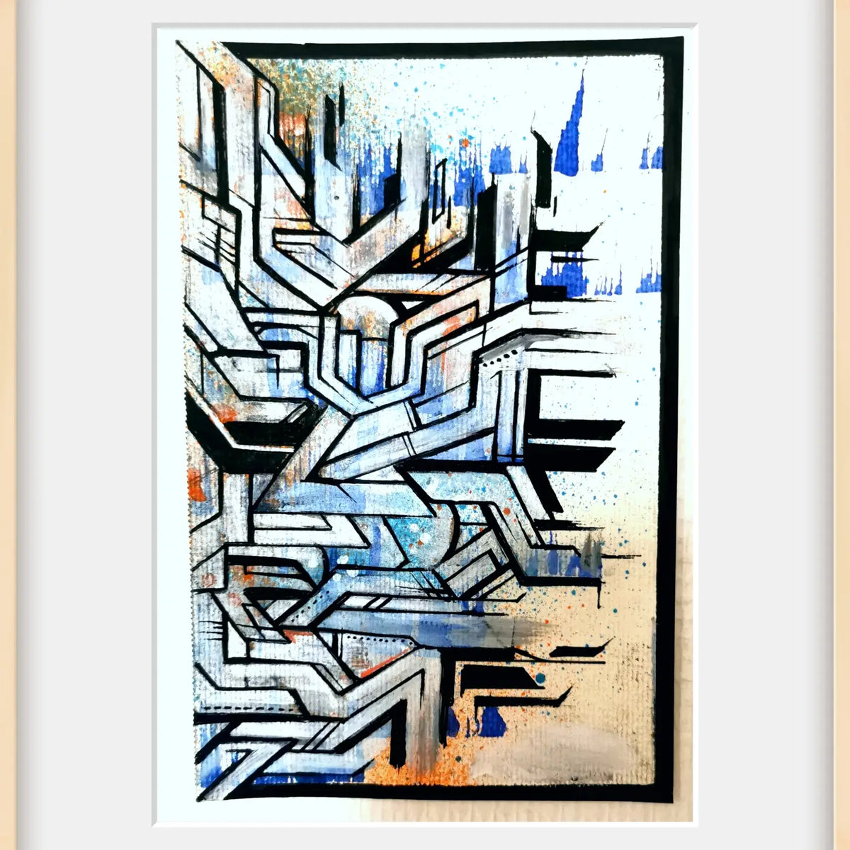 Peinture IPNSONE encadrée, composition géométrique noire et blanche avec nuances bleues et touches orangées.