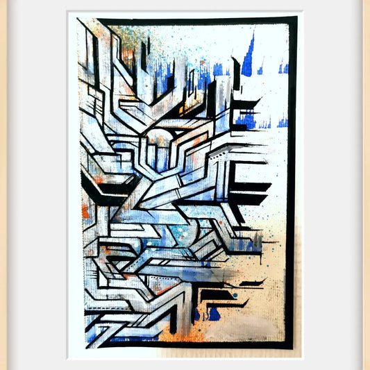Peinture IPNSONE encadrée, composition géométrique noire et blanche avec nuances bleues et touches orangées.