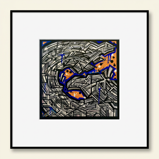 Montage de la peinture bleu et orange centrée dans un cadre noir avec un large passe-partout blanc.