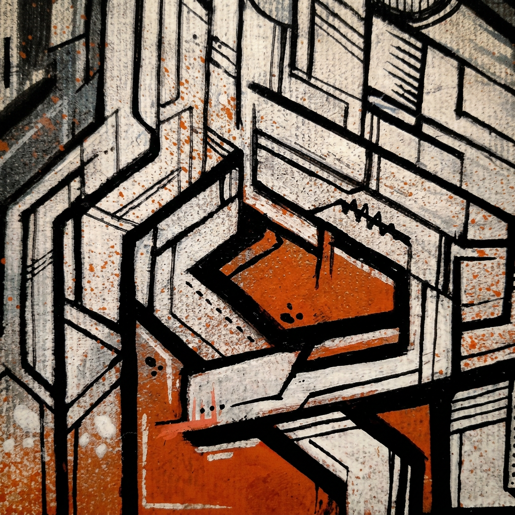 Détail d’Éclat orange : textures claires, lignes noires et touches orange.