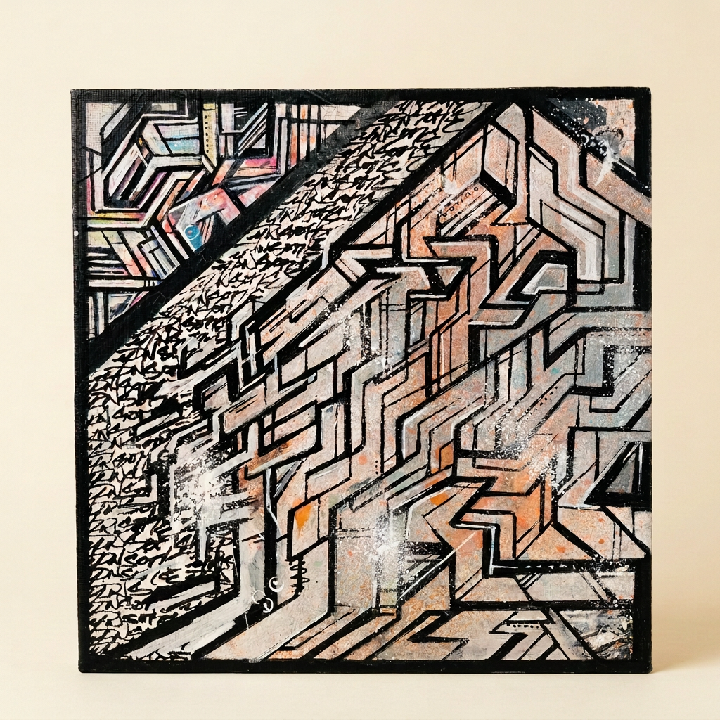 Peinture carrée IPNSONE, lignes géométriques noires et bande diagonale de signes manuscrits sur fond clair. Photo retouchée sur fond crème.