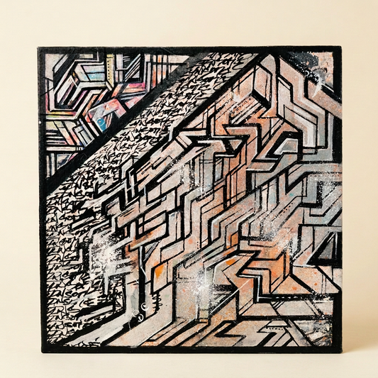 Peinture carrée IPNSONE, lignes géométriques noires et bande diagonale de signes manuscrits sur fond clair. Photo retouchée sur fond crème.