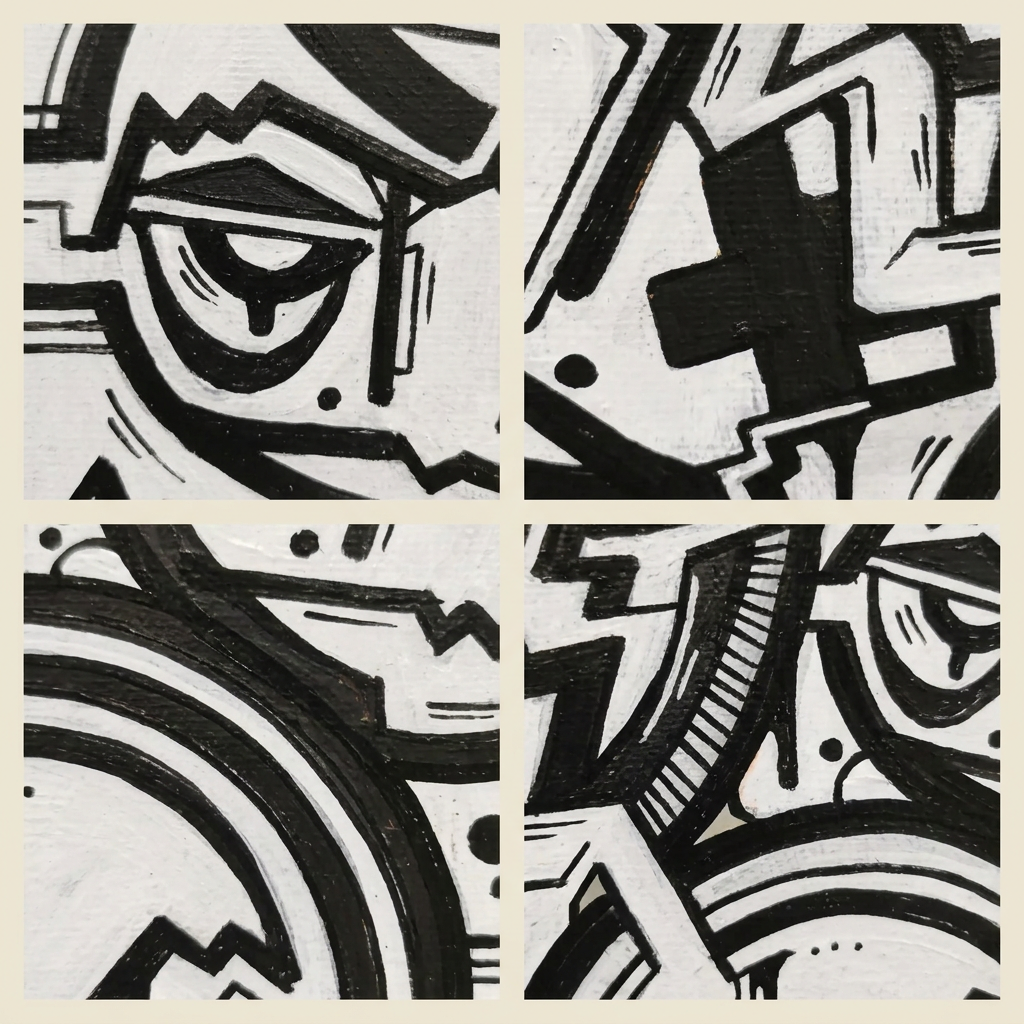Planche illustrative générée à partir de la photo originale IPNSONE : quatre gros plans de motifs noirs et blancs séparés par de larges bandes beiges.