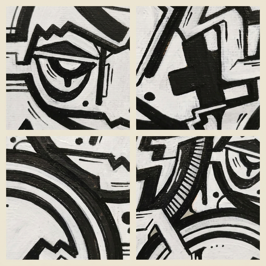 Planche illustrative générée à partir de la photo originale IPNSONE : quatre gros plans de motifs noirs et blancs séparés par de larges bandes beiges.