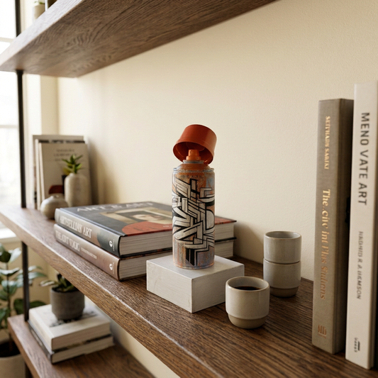 Bombe customisée IPNSONE sur son petit socle blanc, posée sur une étagère entre des livres d'art et des tasses