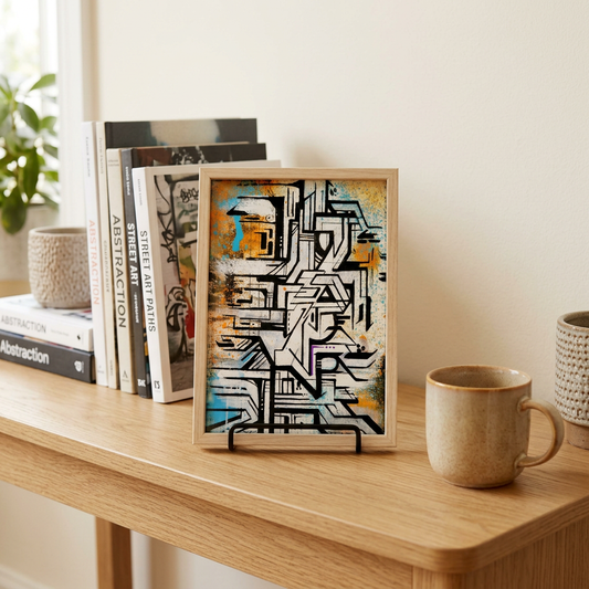 Mise en situation générée de la peinture IPNSONE aux touches turquoise et orange dans un cadre en bois clair sur une console.