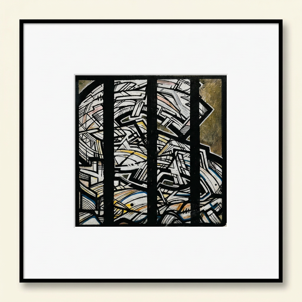 Simulation de S d’IPNSONE, œuvre de 20 × 20 cm présentée dans un cadre noir de 50 × 50 cm avec un large passe-partout blanc.