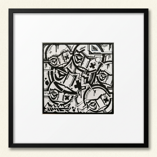 Simulation de la composition noir et blanc IPNSONE centrée dans un cadre noir avec un large passe-partout blanc, sur fond crème.